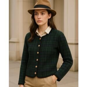 Vintage Tally-Ho Wool Black Watch Plaid Cardigan Sweater Jacket Women’s Medium